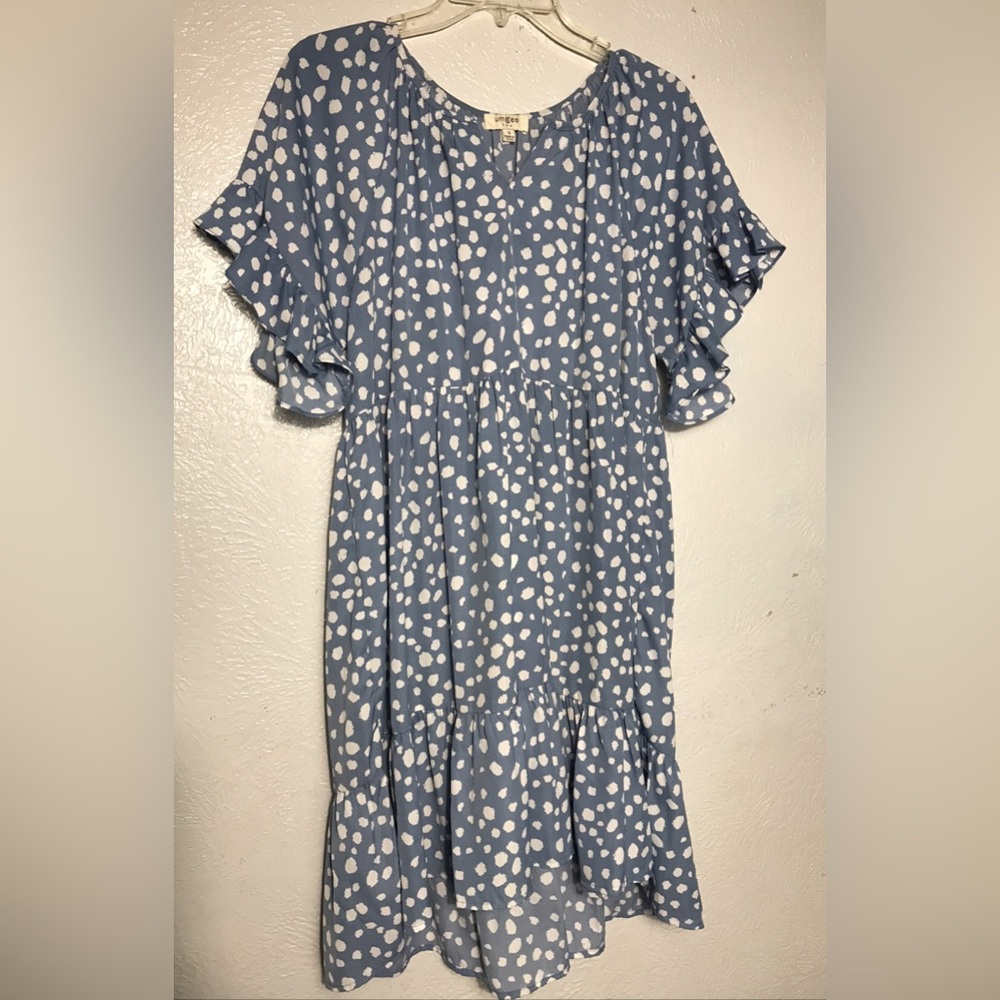 UMGEE Blue and White Dotted Ruffled Tunic S Fits M